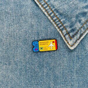 ⭐Enamel Pin Airplane Ticket Shaped Brooch Icon Cartoon Adventure Awaits Ticket